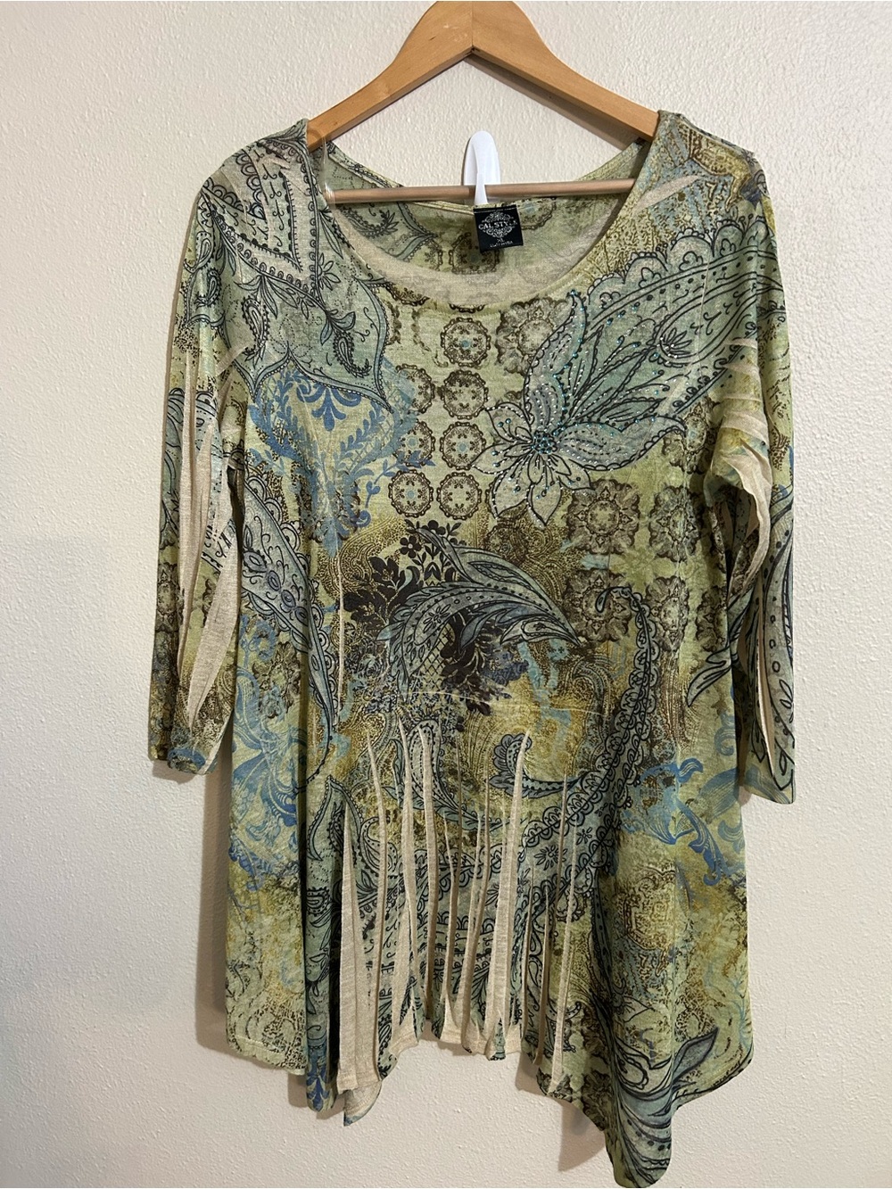 Boho Paisley Scoop Neck Tunic Top in Sage Green Calstyle Size XL
